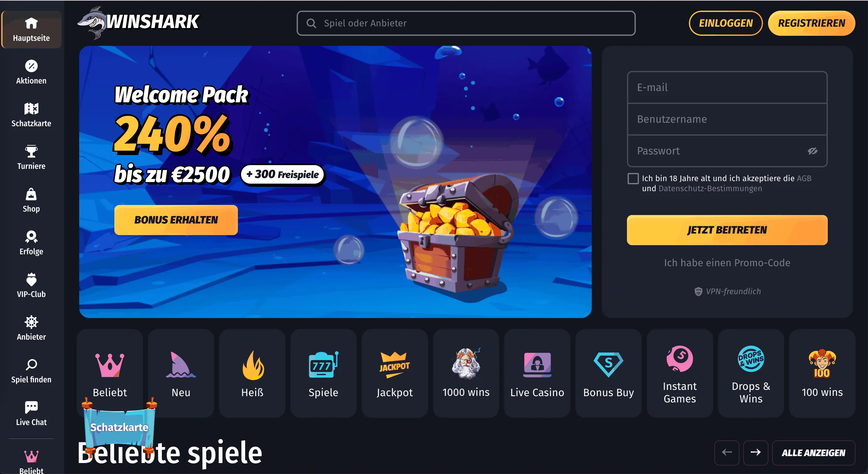 Winshark Online Casino Startseite